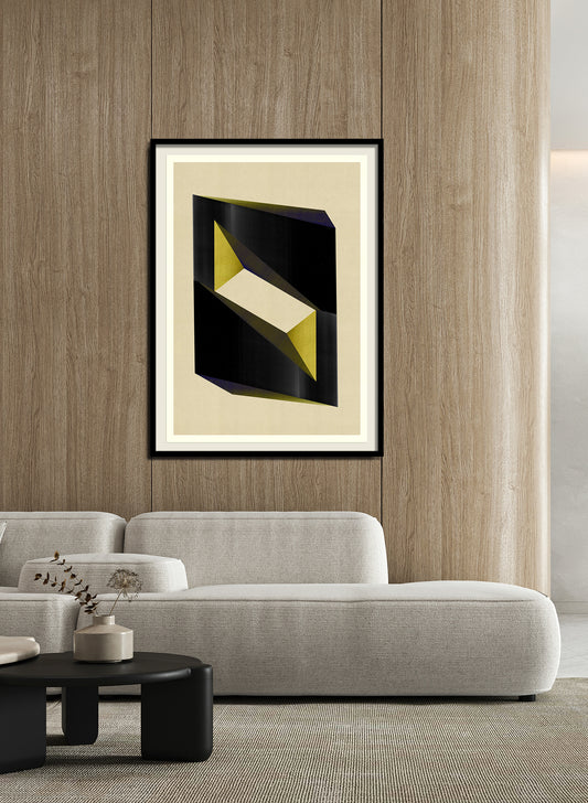 A modern living room with a light gray curved sofa, a round black coffee table with decor, and the "Abstract composition M242" geometric archival ink art print on museum-quality cotton rag paper framed on a wood-paneled wall.