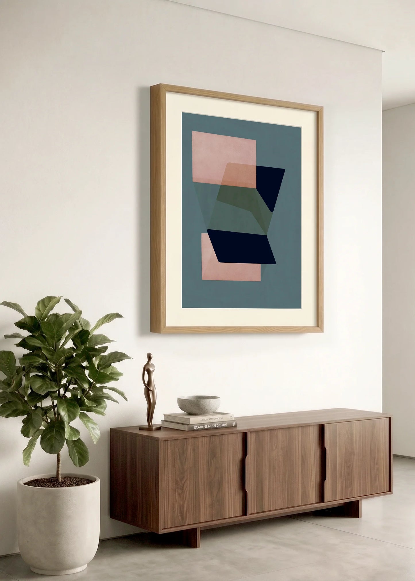 Framed geometric abstract print 520 by Jesús Perea hanging on a white wall in a modern, minimalist living room