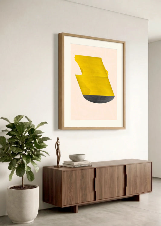 Framed geometric abstract print 592 by Jesús Perea hanging on a white wall in a modern, minimalist living room