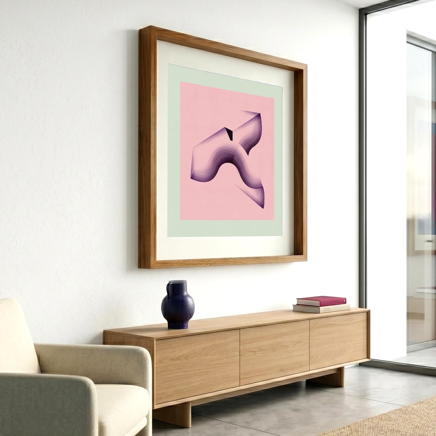 Framed geometric abstract print 912 by Jesús Perea hanging on a white wall in a modern, minimalist living room