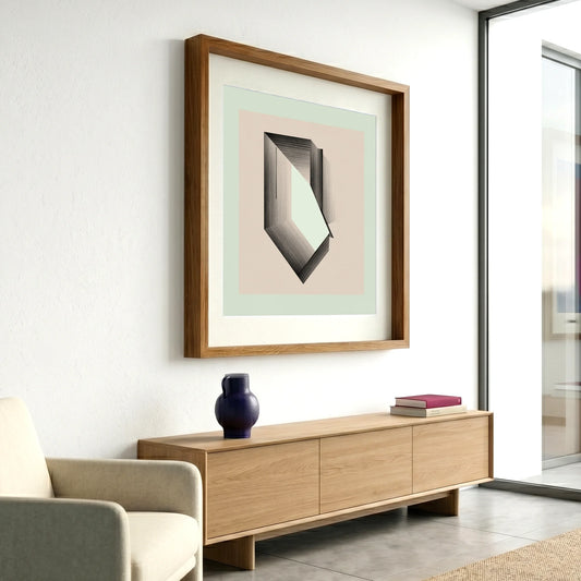 Framed geometric abstract print 927 by Jesús Perea hanging on a white wall in a modern, minimalist living room