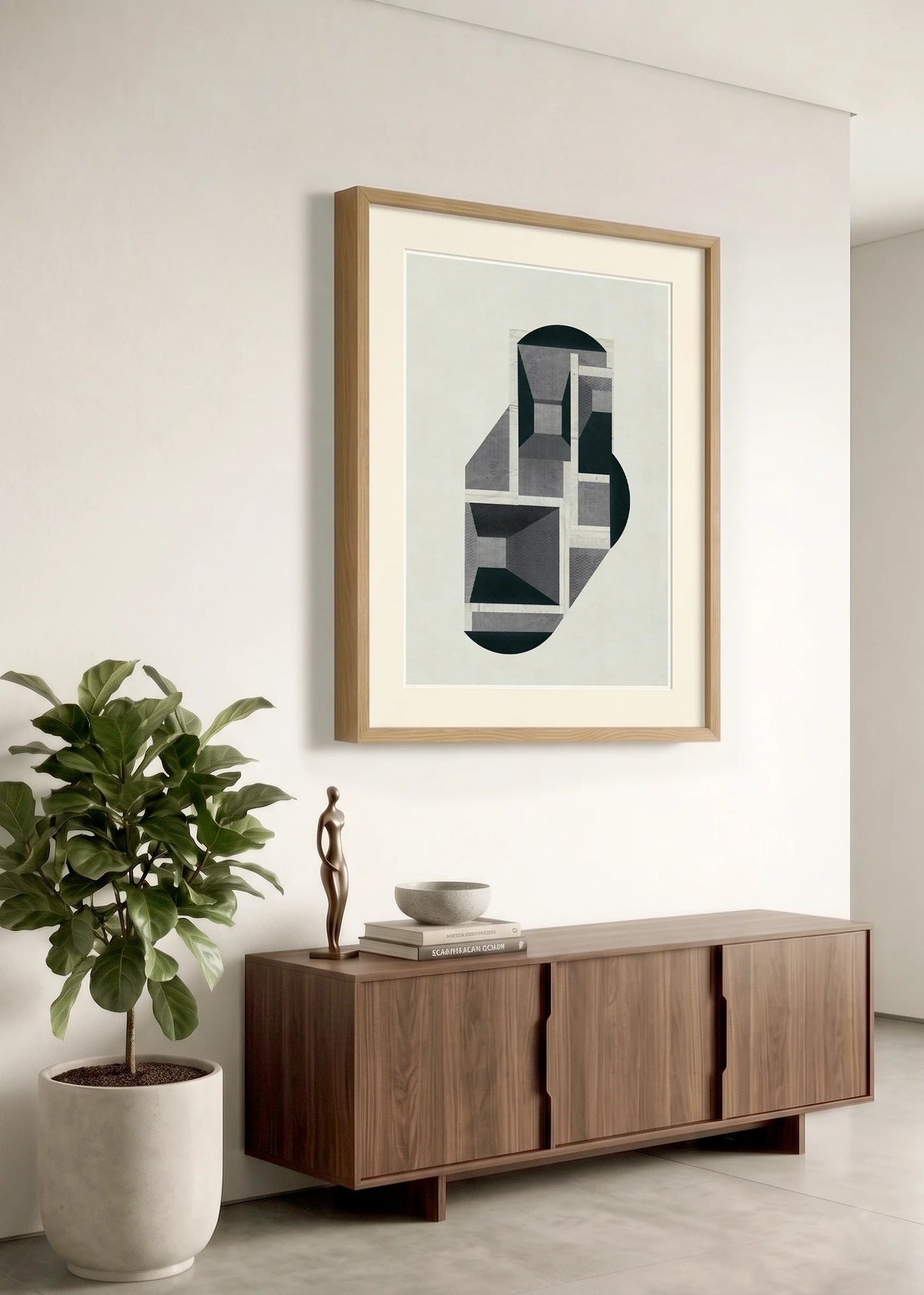 Framed geometric abstract print 944 by Jesús Perea hanging on a white wall in a modern, minimalist living room