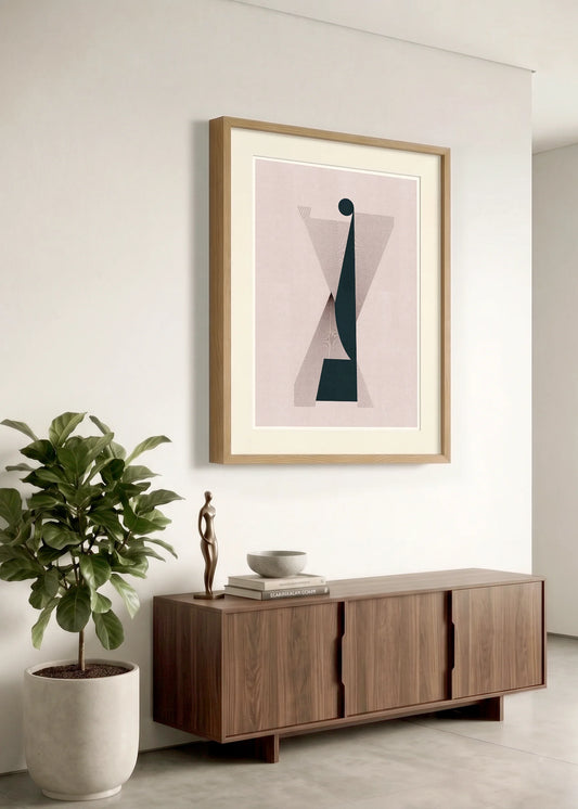 Framed geometric abstract print m109 by Jesús Perea hanging on a white wall in a modern, minimalist living room