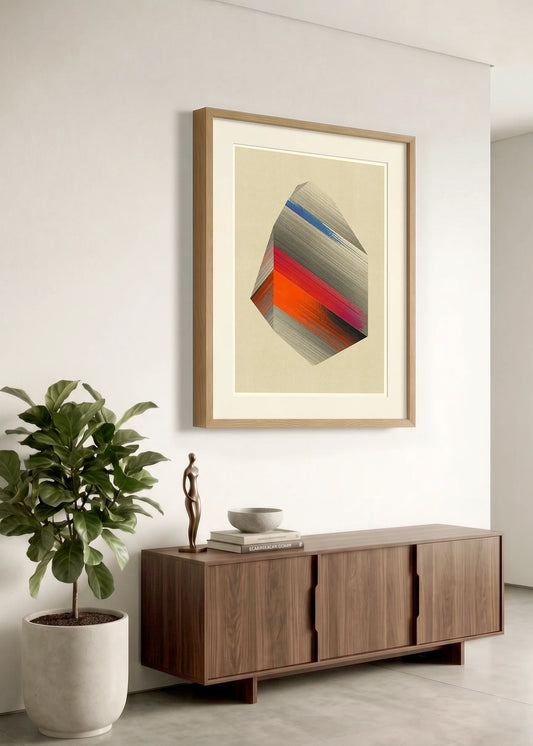 Framed geometric abstract print m167 by Jesús Perea hanging on a white wall in a modern, minimalist living room