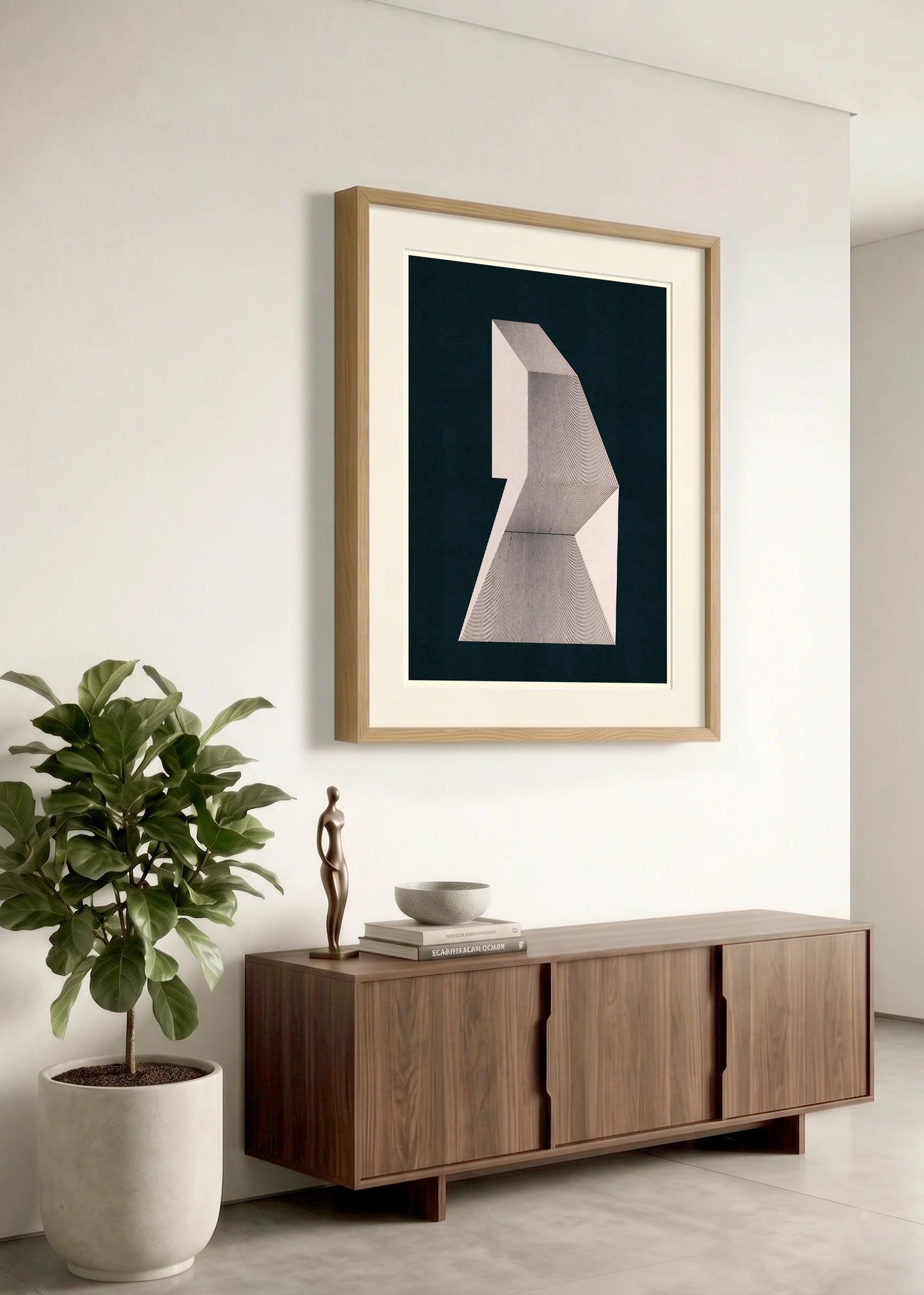 Framed geometric abstract print m198 by Jesús Perea hanging on a white wall in a modern, minimalist living room