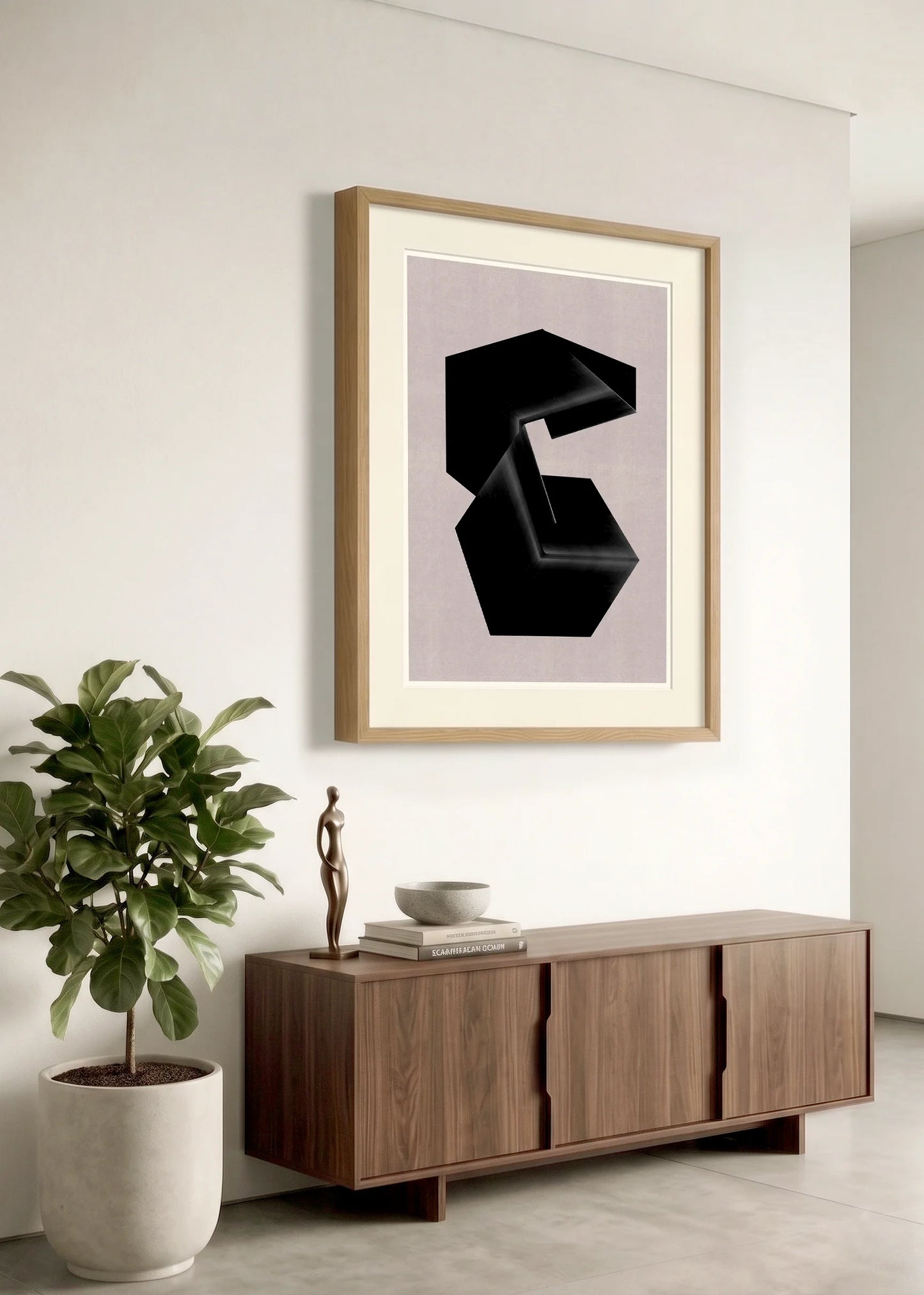 Framed geometric abstract print m217 by Jesús Perea hanging on a white wall in a modern, minimalist living room