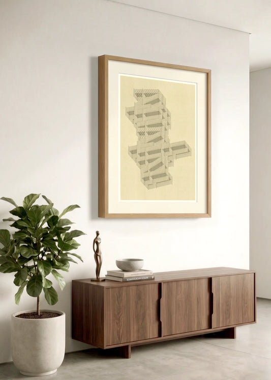 Framed linear abstract artwork M222 by Jesús Perea hanging in a minimalist living room interior with contemporary furniture.