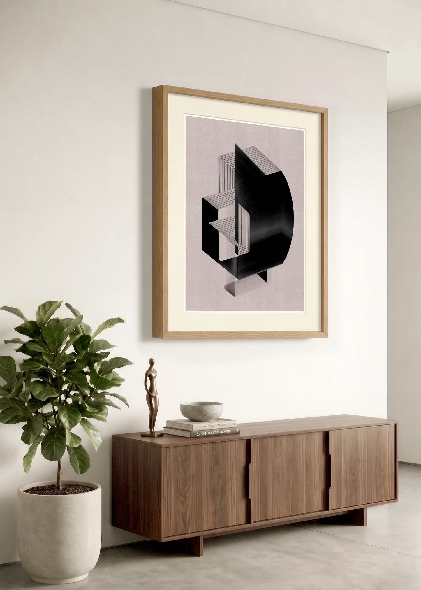Framed geometric abstract print m223 by Jesús Perea hanging on a white wall in a modern, minimalist living room