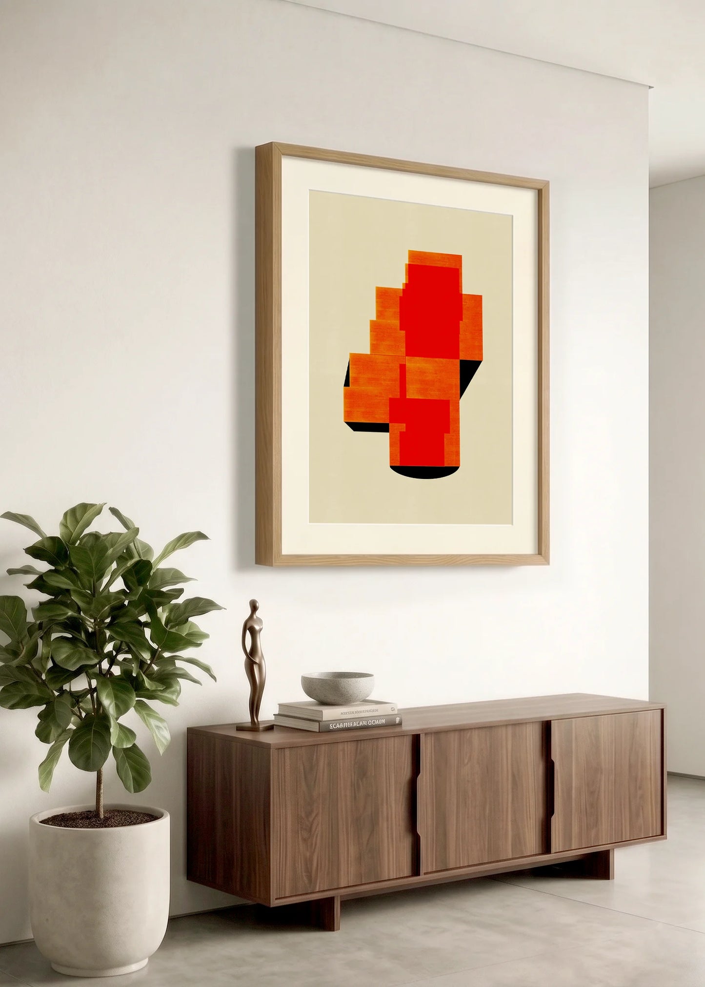 Framed geometric abstract print m68 by Jesús Perea hanging on a white wall in a modern, minimalist living room