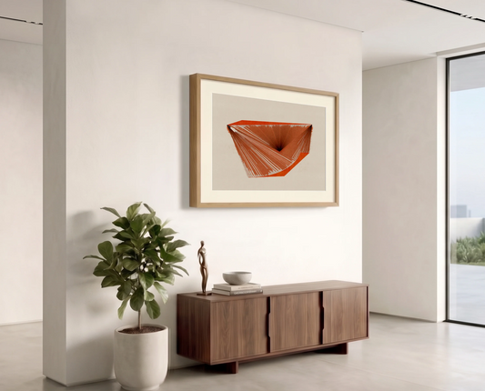 Framed geometric abstract print m83 by Jesús Perea hanging on a white wall in a modern, minimalist living room
