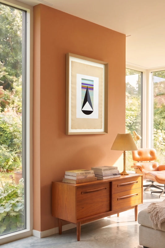 Original abstract drawing N72 by Jesús Perea framed and hanging on a living room wall