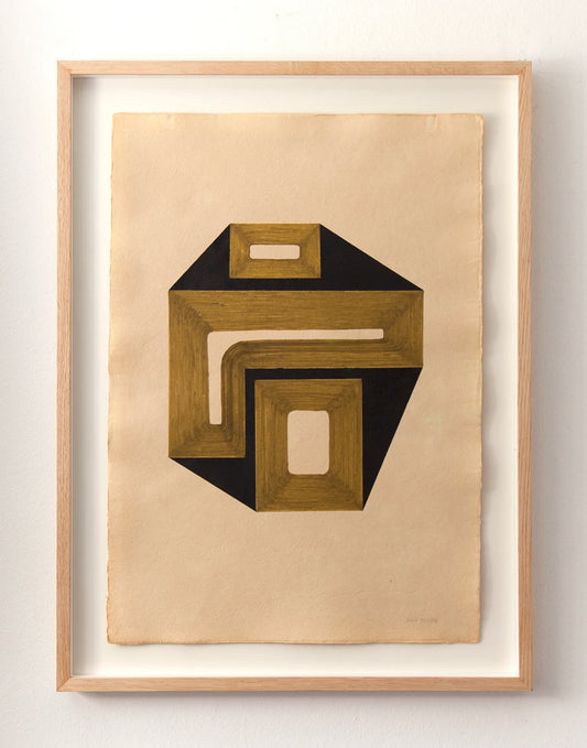 Framed abstract art print with geometric shapes on a beige background