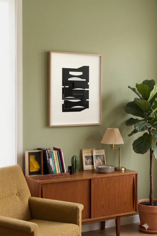 Original abstract mixed media artwork NS14 by Jesús Perea hunging on a living room walle background