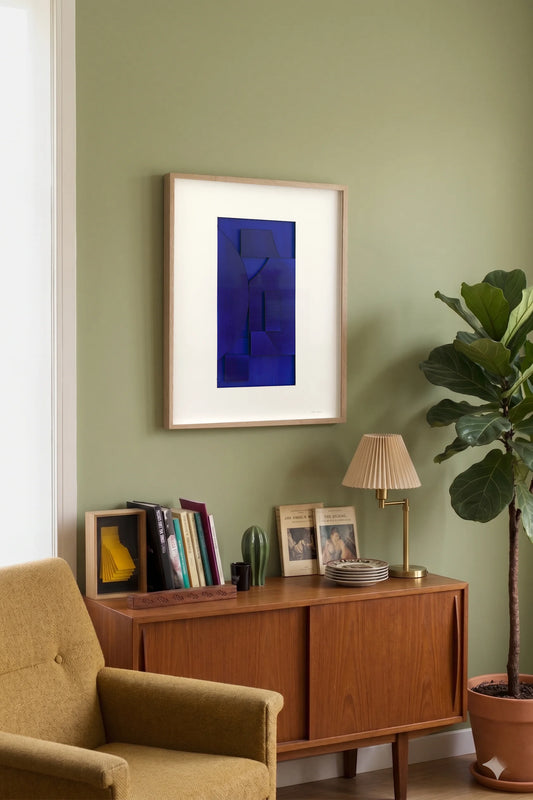 Original abstract mixed media artwork NS17 by Jesús Perea hunging on a living room wall