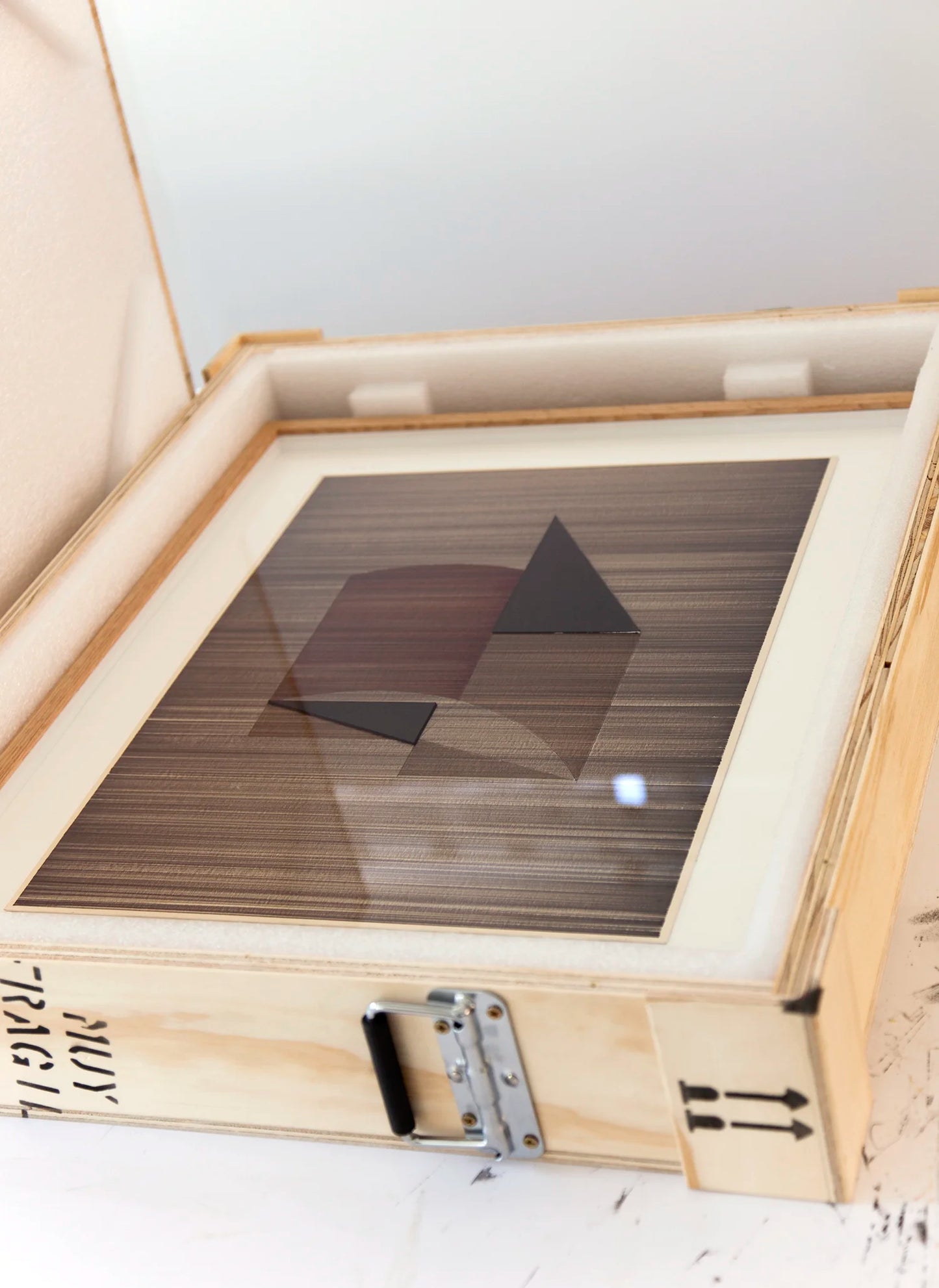 Original abstract mixed media artwork NS9 by Jesús Perea with horizontal lines in browns and black, packaged