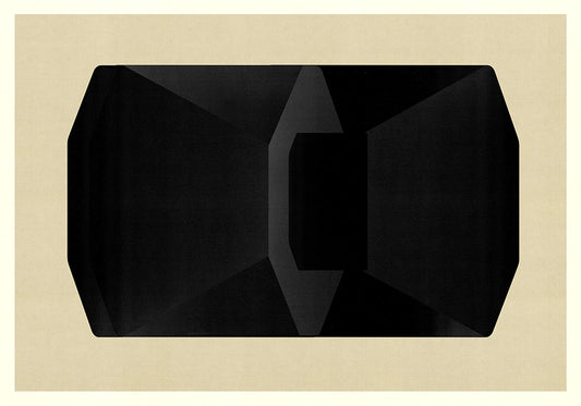 Abstract composition M245 showcases a large, faceted black geometric form with sharp angles on a beige rectangular background. Presented as a museum-quality print, it highlights symmetry and strong tonal contrast.