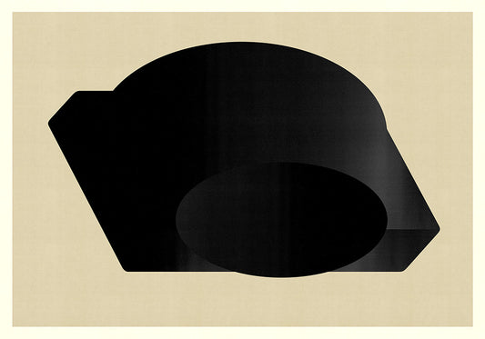 Abstract composition M248 features a bold black geometric form with both rounded and angular edges on a light beige background. This unique print is made with archival ink on museum-quality cotton rag paper.