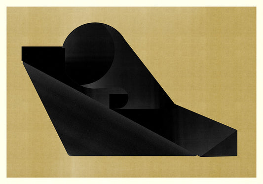 Abstract composition M252B features bold black angular and curved shapes on a muted yellow-brown background, printed with archival ink on museum-quality cotton rag paper. A circle and intersecting triangles create a modern, minimalist look.