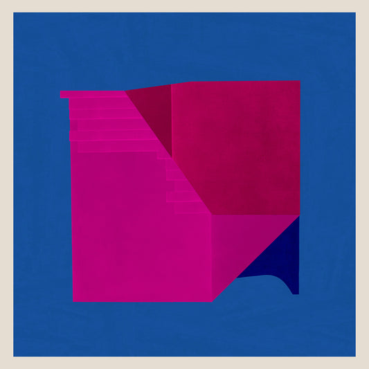 Abstract composition 495 showcases magenta and red geometric, stair-like forms on a deep blue background with a light beige border. This limited edition piece is printed on museum-quality paper for vibrant, lasting color.