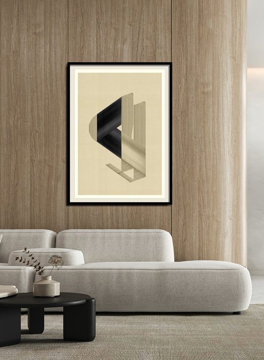 A modern living room with light wood panel walls, a "Abstract composition M224" framed artwork printed on museum-quality cotton rag paper, a light gray curved sofa, round black coffee table, and dried flowers in a vase for a minimalist look.