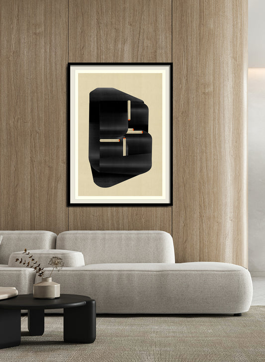 A modern living room with light wood-paneled walls, the "Abstract composition M236" as a large black abstract painting, a curved light gray sofa, a round black coffee table, and dried flowers in a vase atop the table.