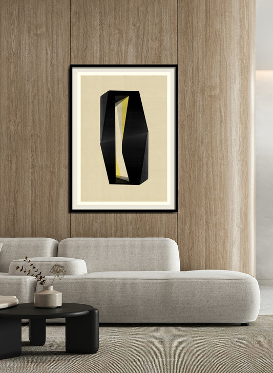 A modern living room with a light gray sofa, black coffee table, and Abstract composition M239—an abstract print with black and yellow geometric shapes on museum-quality cotton rag paper—displayed on a wood-paneled wall.