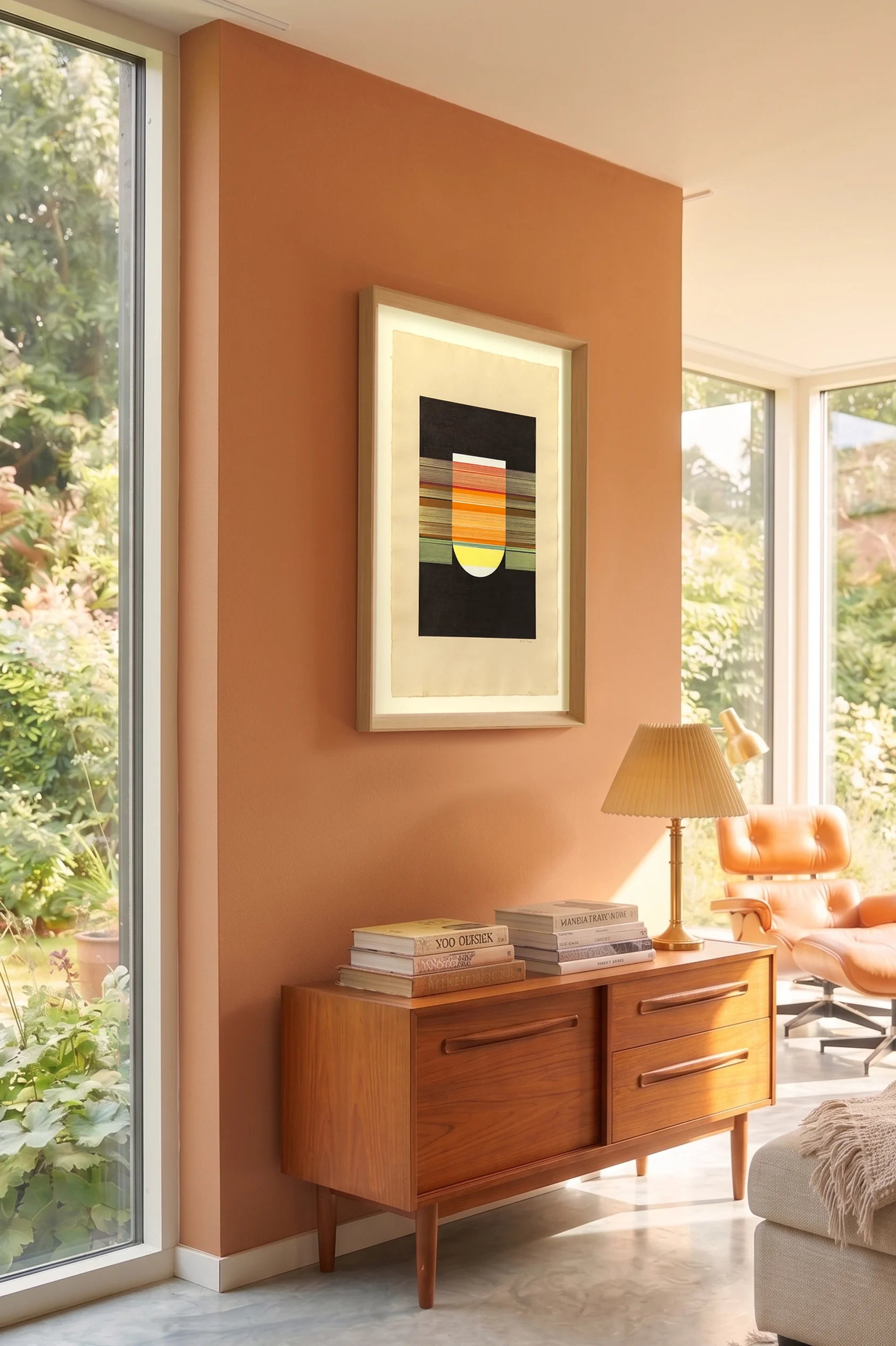N188 original drawing by Jesús Perea, framed and hanging on a living room wall
