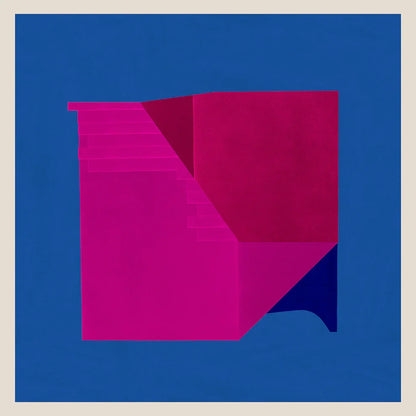Minimalist abstract print 495 by Jesús Perea. Geometric artwork with layered shapes, sharp angles, and subtle textures in magenta, vibrant blue, and deep violet.