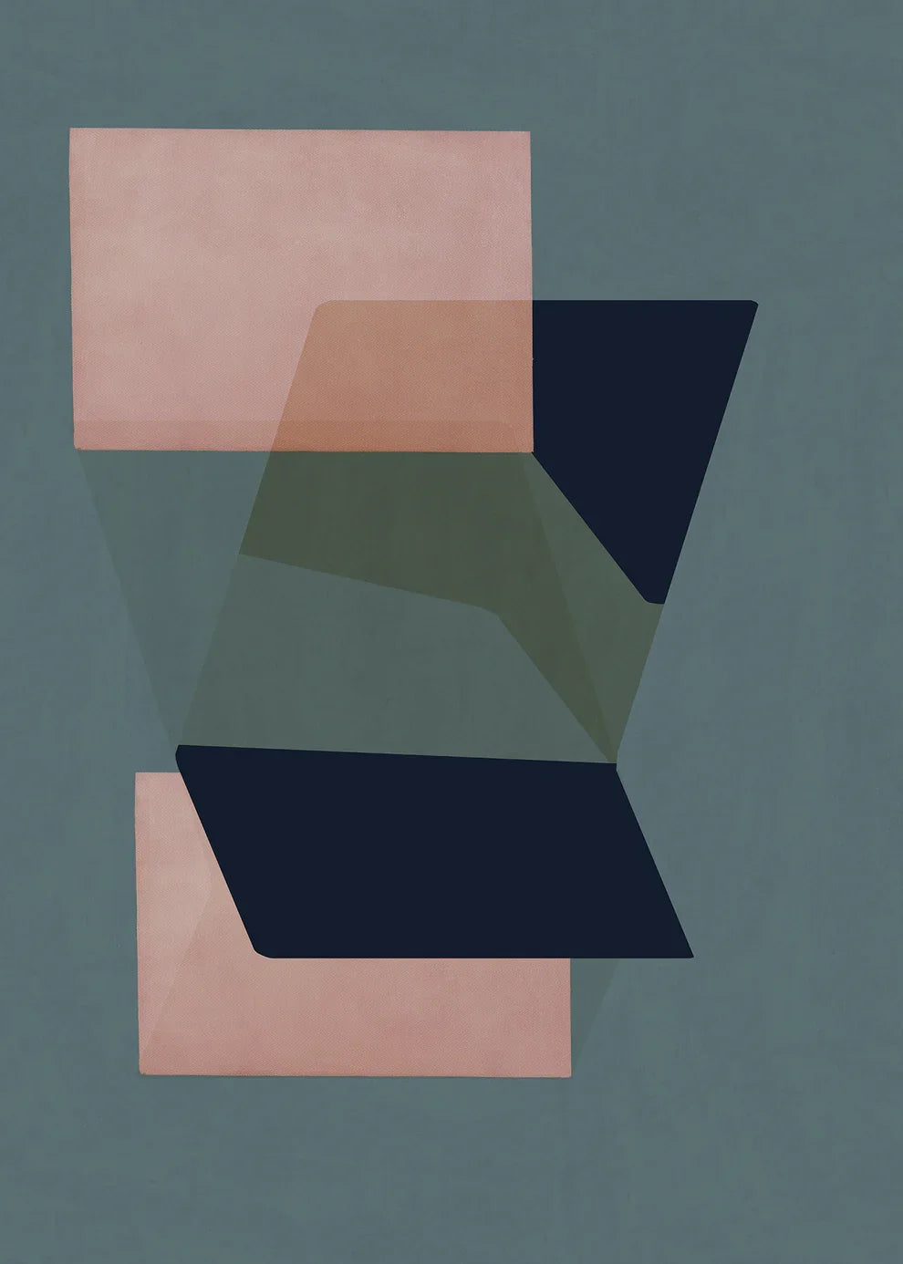 Geometric abstract print 520 by Jesús Perea. Artwork with overlapping semi-transparent planes and meticulous texture in dusky teal, deep navy, olive, and warm blush.