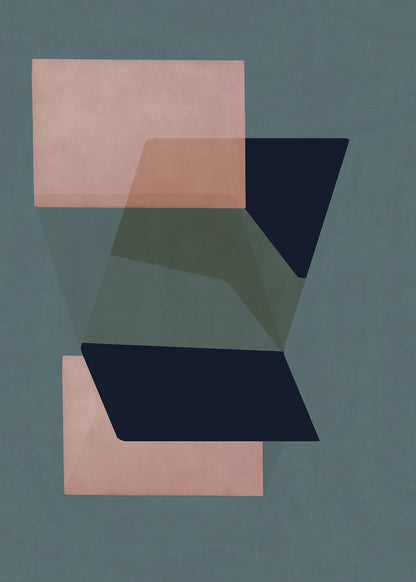 Geometric abstract print 520 by Jesús Perea. Artwork with overlapping semi-transparent planes and meticulous texture in dusky teal, deep navy, olive, and warm blush.