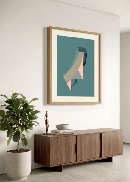 Framed geometric abstract print 541 by Jesús Perea hanging on a white wall in a modern, minimalist living room