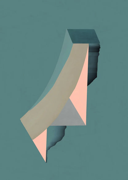 Geometric art print 541 by Jesús Perea featuring an architectural arrangement of interlocking peach and grey triangular planes with a sweeping diagonal band on a dark teal background.