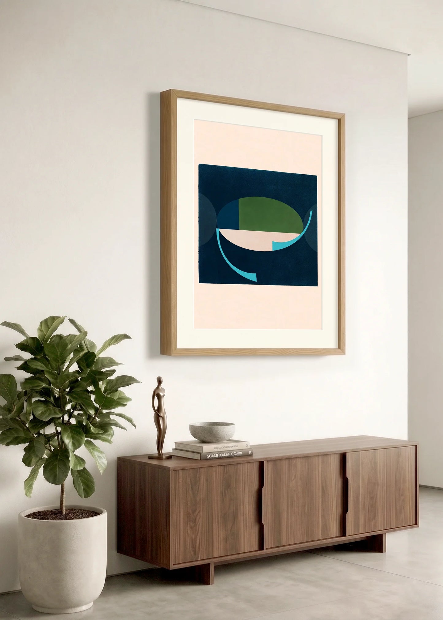 Framed geometric abstract print 578 by Jesús Perea hanging on a white wall in a modern, minimalist living room