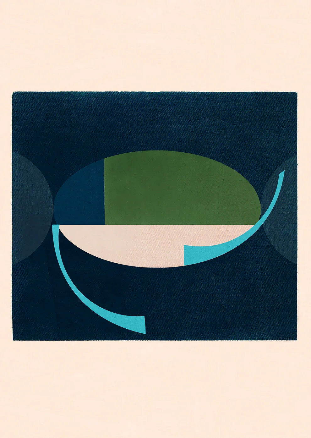 Geometric art print 578 by Jesús Perea featuring an architectural arrangement of a segmented green, blue, and off-white oval form with bright turquoise curved lines on a dark blue background, framed in light off-white.