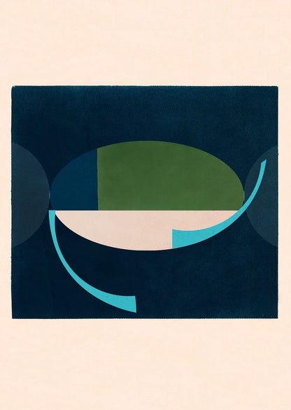 Geometric art print 578 by Jesús Perea featuring an architectural arrangement of a segmented green, blue, and off-white oval form with bright turquoise curved lines on a dark blue background, framed in light off-white.