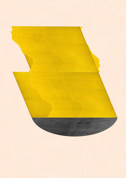 Geometric art print 592 by Jesús Perea featuring an architectural arrangement of overlapping yellow geometric planes with horizontal wood-grain textures on a dark grey semi-circular base, against an off-white background.