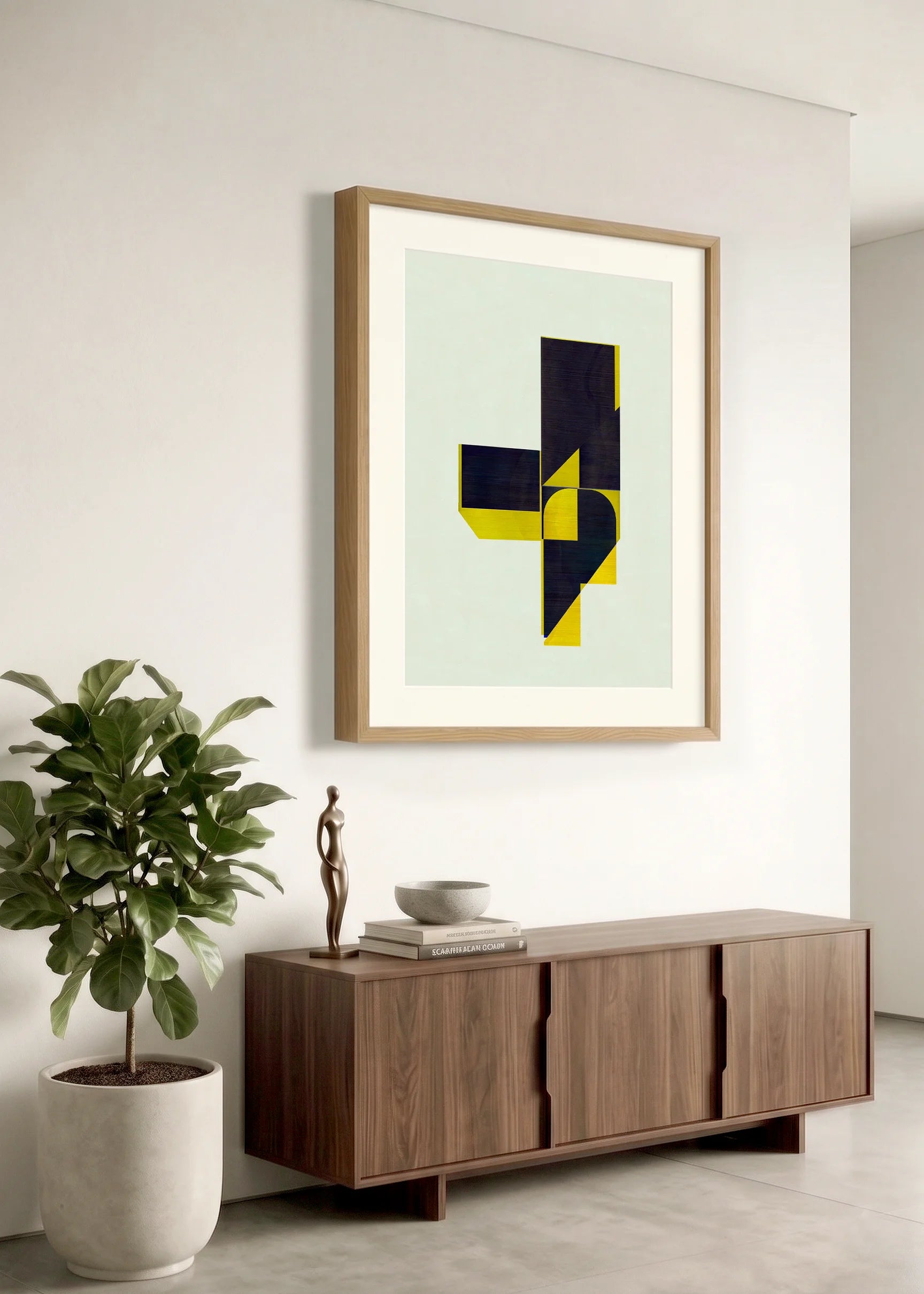 Framed geometric abstract print 773 by Jesús Perea hanging on a white wall in a modern, minimalist living room