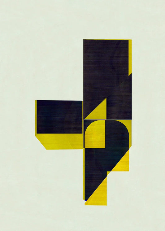 Geometric art print 773 by Jesús Perea with black and yellow shapes on a light gray background