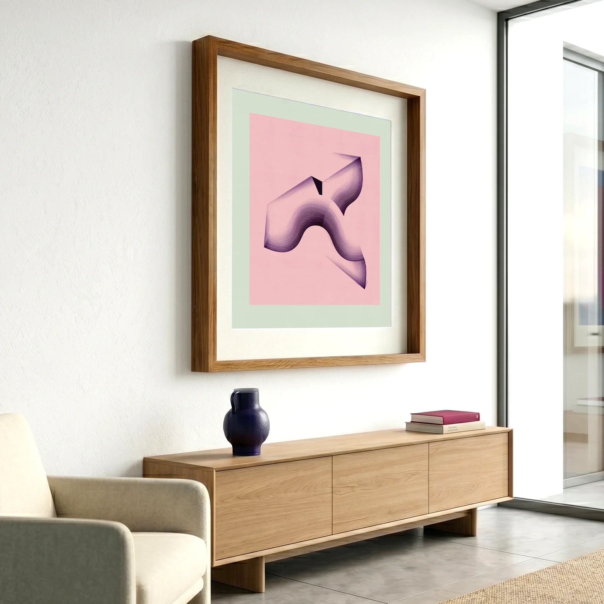 Framed geometric abstract print 912 by Jesús Perea hanging on a white wall in a modern, minimalist living room