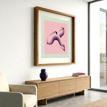 Framed geometric abstract print 912 by Jesús Perea hanging on a white wall in a modern, minimalist living room