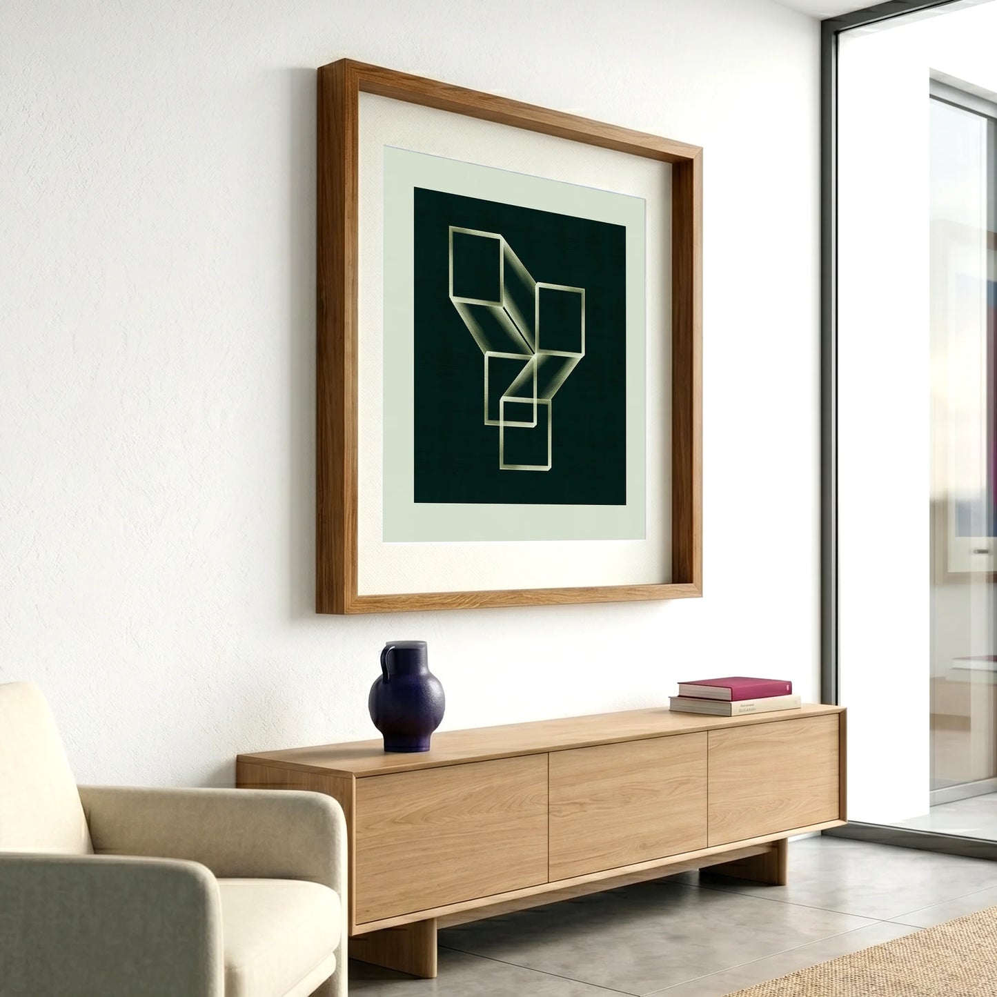 Framed geometric abstract print 920 by Jesús Perea hanging on a white wall in a modern, minimalist living room