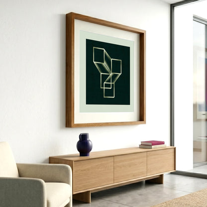 Framed geometric abstract print 920 by Jesús Perea hanging on a white wall in a modern, minimalist living room