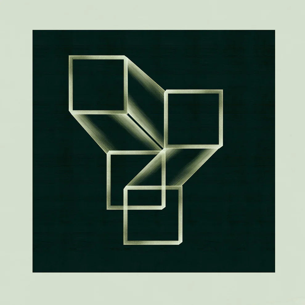 Geometric art print 920 by Jesús Perea featuring an architectural arrangement of transparent, isometric cubes with linear gradients on a dark green background, framed in light mint green.
