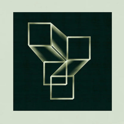 Geometric art print 920 by Jesús Perea featuring an architectural arrangement of transparent, isometric cubes with linear gradients on a dark green background, framed in light mint green.