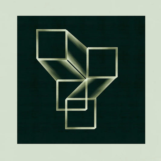 Geometric art print 920 by Jesús Perea featuring an architectural arrangement of transparent, isometric cubes with linear gradients on a dark green background, framed in light mint green.