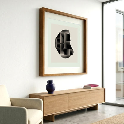 Framed geometric abstract print 934 by Jesús Perea hanging on a white wall in a modern, minimalist living room