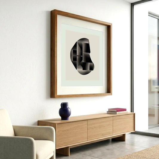 Framed geometric abstract print 934 by Jesús Perea hanging on a white wall in a modern, minimalist living room