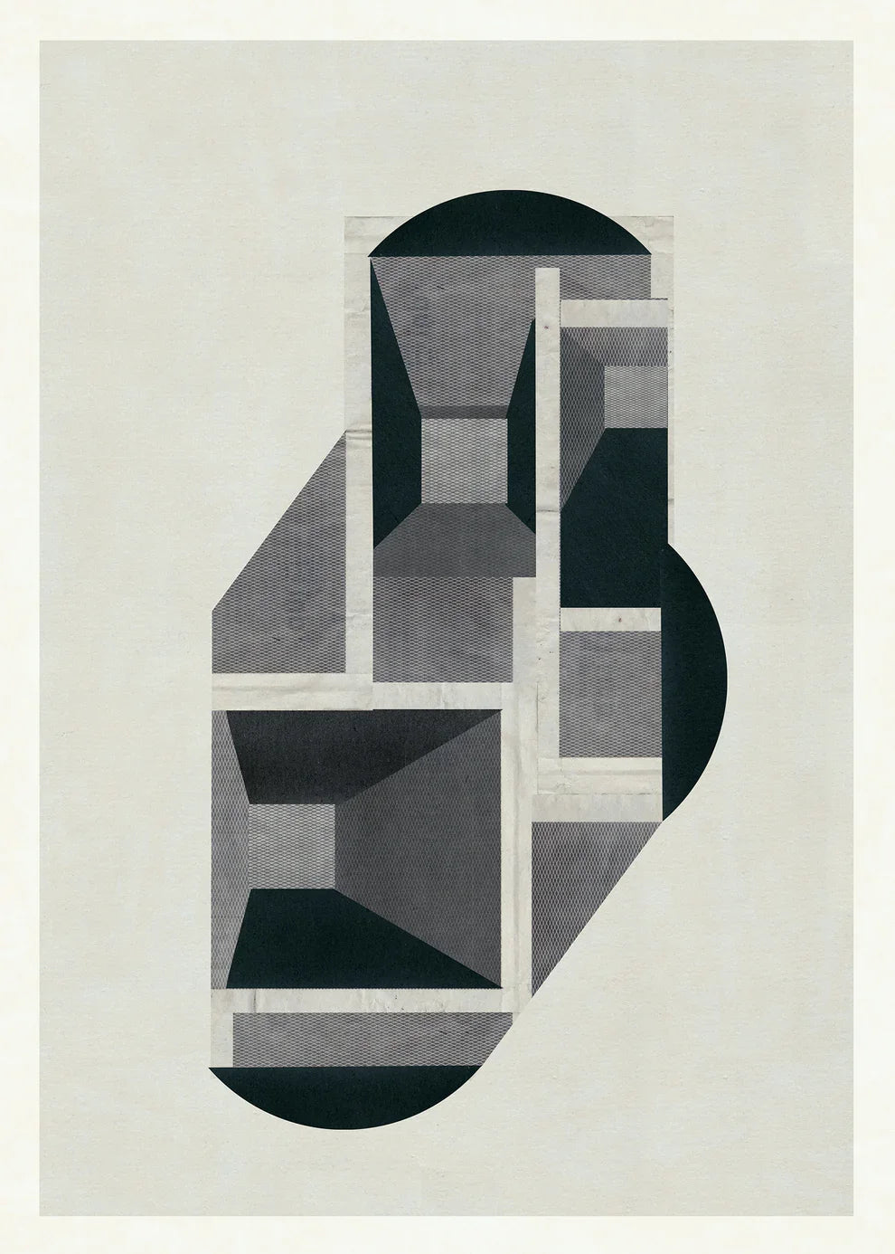 Abstract geometric art print 944 by Jesús Perea, featuring layered black, gray, and white architectural shapes on a light background.