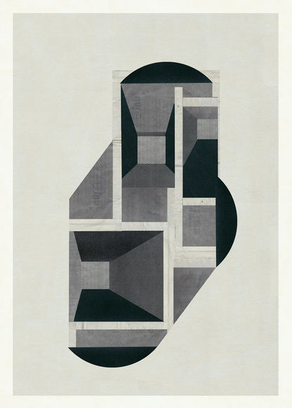 Abstract geometric art print 944 by Jesús Perea, featuring layered black, gray, and white architectural shapes on a light background.