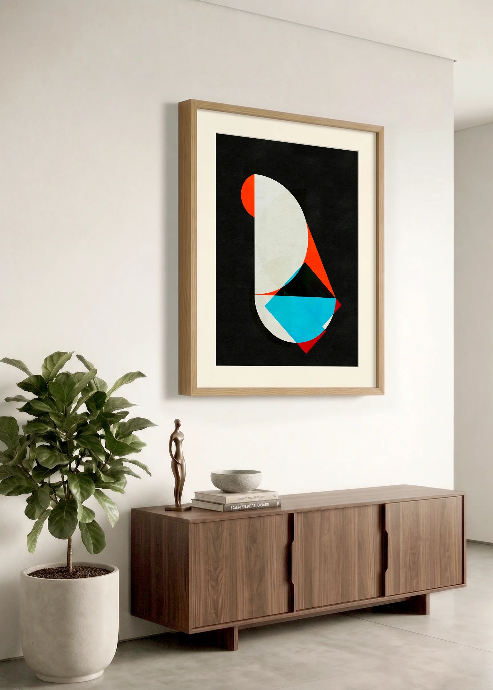 Framed geometric abstract print 959 by Jesús Perea hanging on a white wall in a modern, minimalist living room